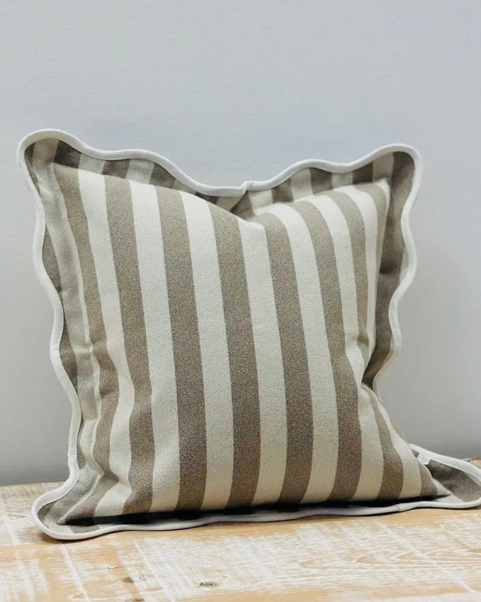 Beige square scalloped cushion cover with stripe pattern, soft furnishings by Ellenvale Trade, featuring a stylish, decorative design.