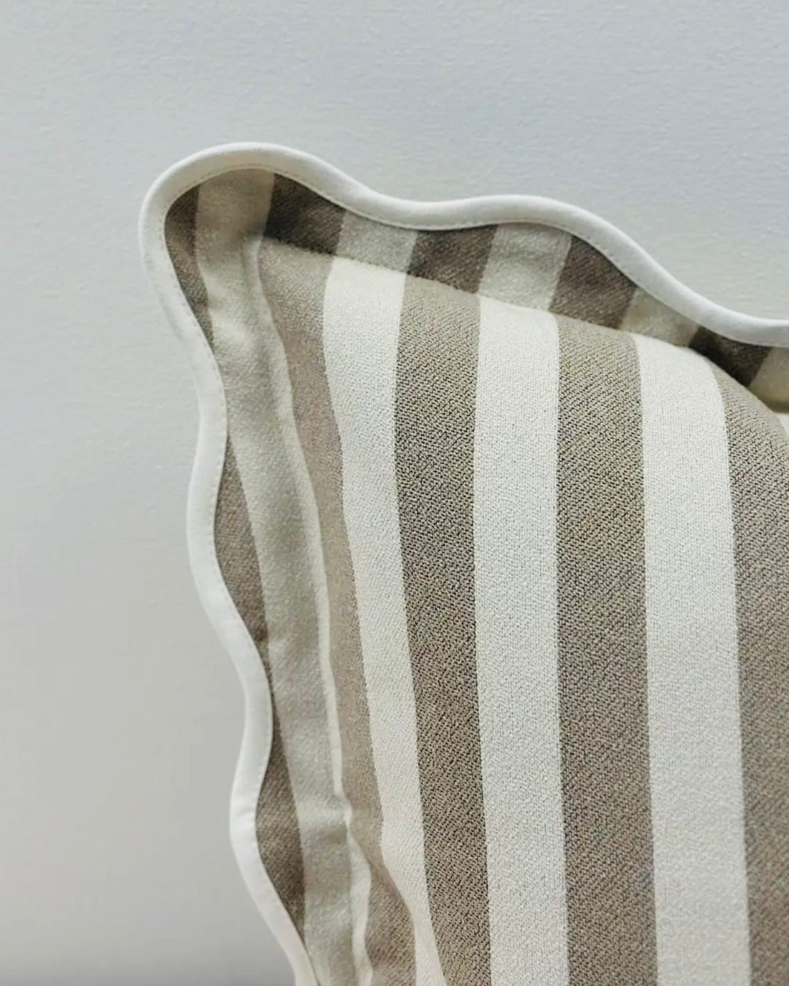 Beige square scalloped cushion cover with stripe pattern from Ellenvale Trade, soft furnishings for home decor.