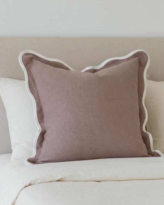 Ellenvale Trade Chloe extra large dusty pink square scalloped cushion cover, soft furnishings, with scalloped edges and plush fabric.