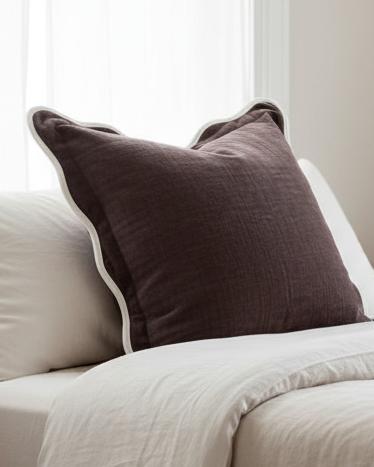 Chocolate brown Chloe square scalloped cushion cover by Ellenvale Trade, showcasing soft fabric and decorative scalloped edges.