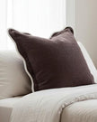 Chocolate brown Chloe square scalloped cushion cover by Ellenvale Trade, showcasing soft fabric and decorative scalloped edges.