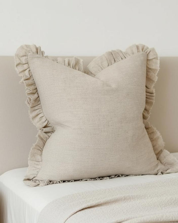 Grace beige square ruffle cushion cover by Ellenvale Trade, extra large soft furnishings with ruffled edges on a plush cushion.