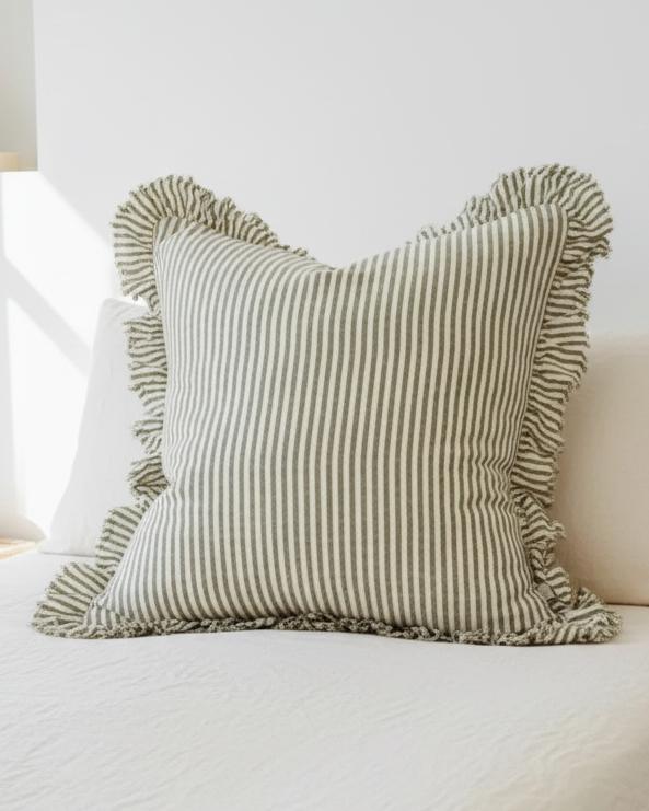 Olive green pinstripe cushion cover by Ellenvale Trade, extra large size, soft furnishings, with a textured fabric appearance.