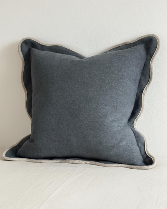 Blue square scalloped cushion cover from Chloe, extra large size, soft furnishings by Ellenvale Trade, with decorative scalloped edges.