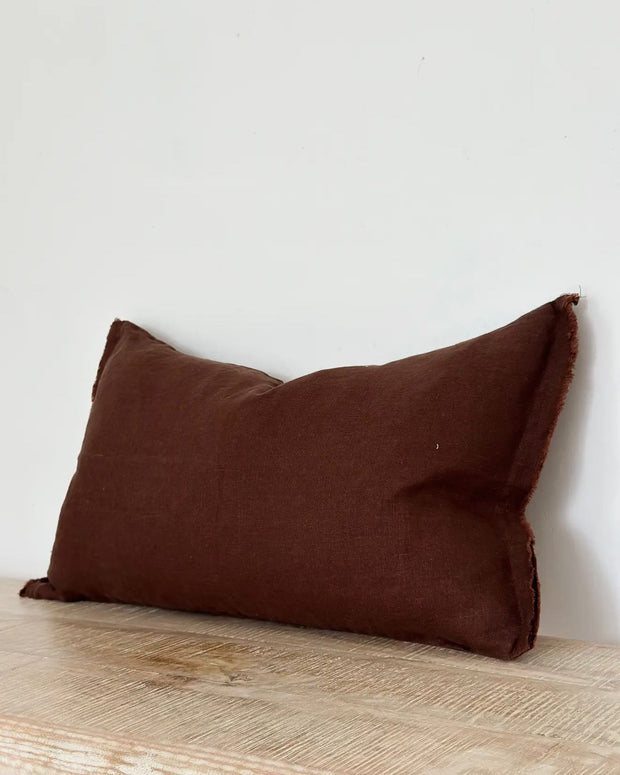 Dark brown linen blend cushion cover with ruffle rectangle design from Ellenvale Trade, perfect for soft furnishings and home decor.