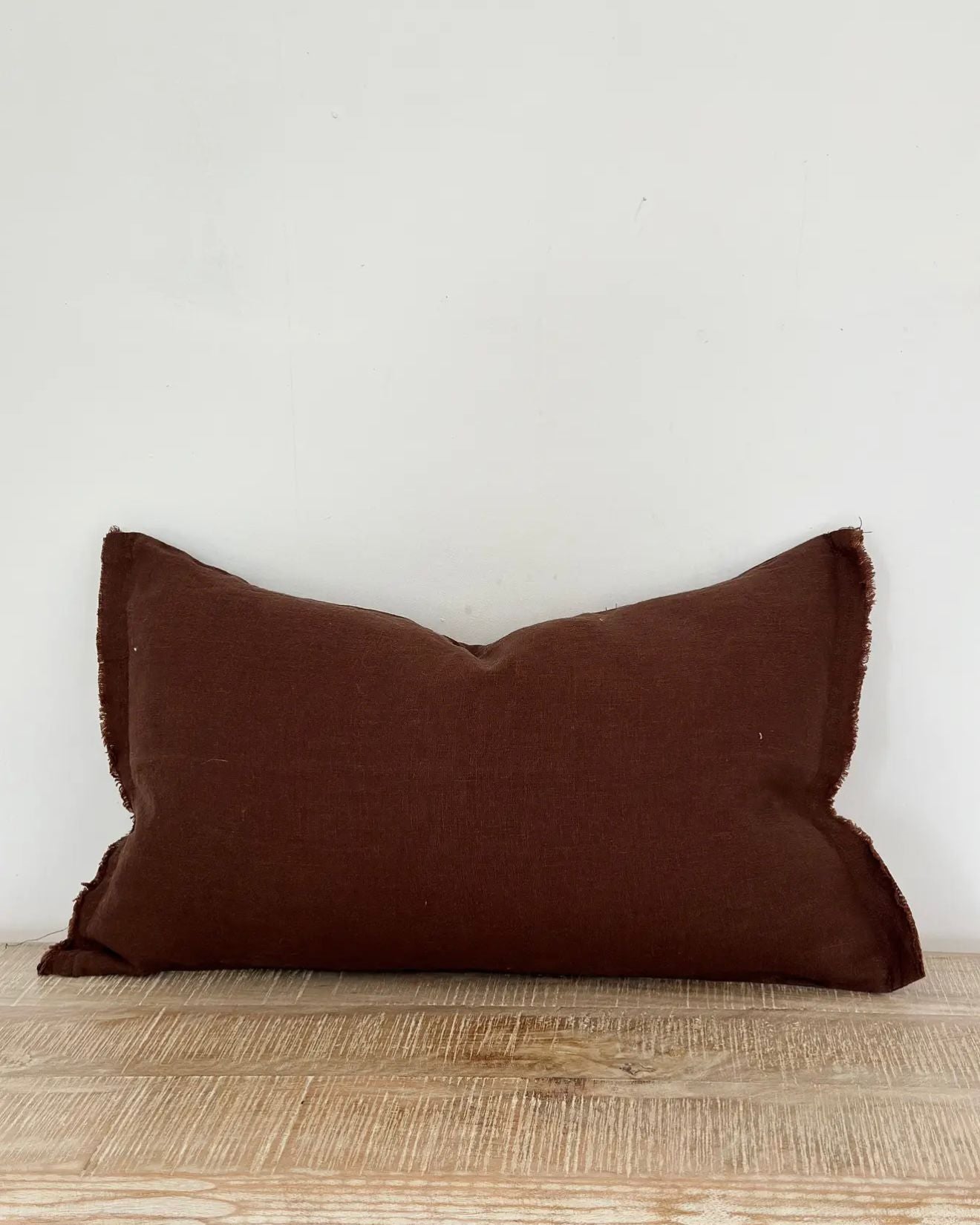 Dark brown linen blend cushion cover with ruffle rectangular design by Ellenvale Trade, perfect for soft furnishings.