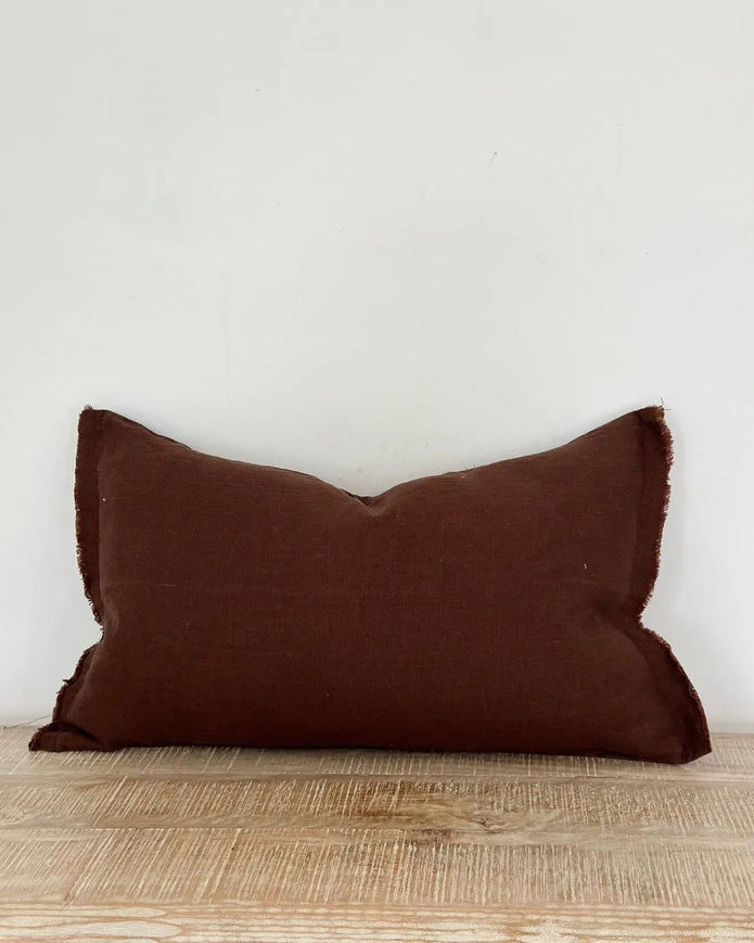 Dark brown linen blend cushion cover with ruffle rectangular design by Ellenvale Trade, perfect for soft furnishings.