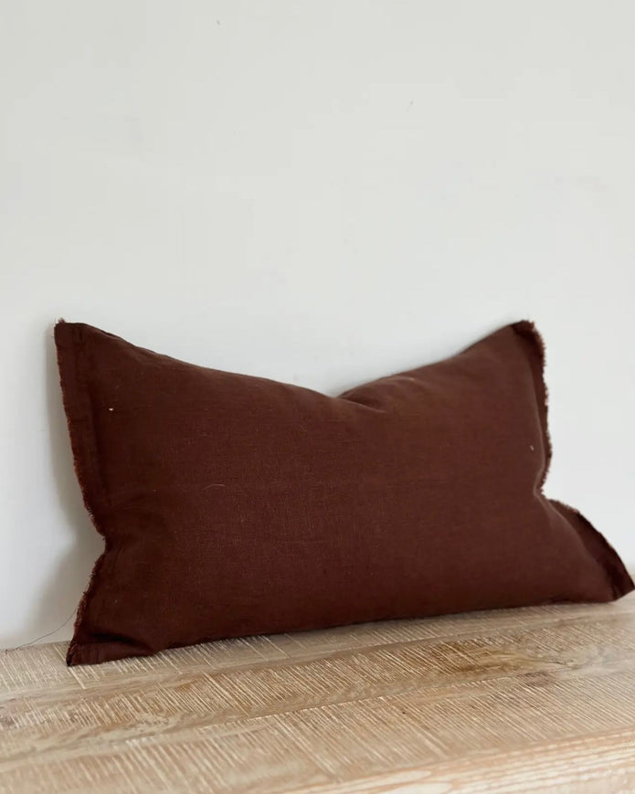 Dark brown linen blend cushion cover with ruffle rectangle design from Ellenvale Trade, soft furnishing decor.