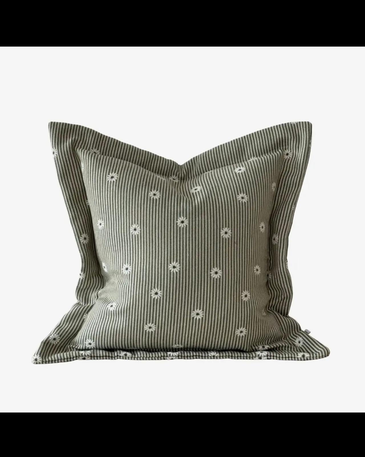 Olive green square cushion cover with daisy pattern from Ellenvale Trade, soft furnishings decor for sofa or bed.