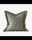 Olive green square cushion cover with daisy pattern from Ellenvale Trade, soft furnishings decor for sofa or bed.