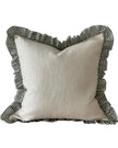 Olive green ruffle square cushion cover from Ellenvale Trade, soft furnishings decor with ruffle details on fabric.