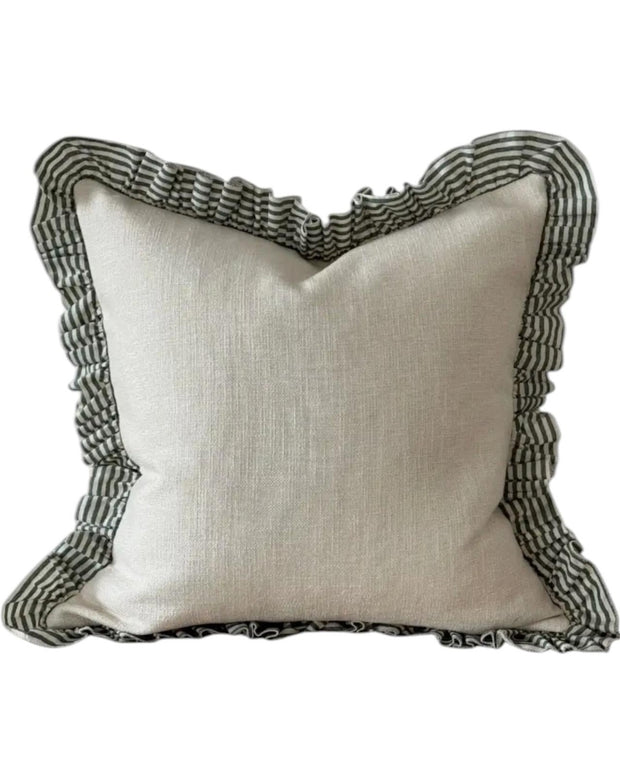 Olive green ruffle square cushion cover from Ellenvale Trade, soft furnishings decor with ruffle details on fabric.