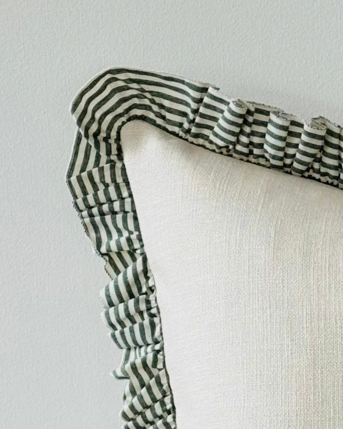 Olive green ruffle square cushion cover by Ellenvale Trade, soft furnishings with decorative ruffle detail on fabric.