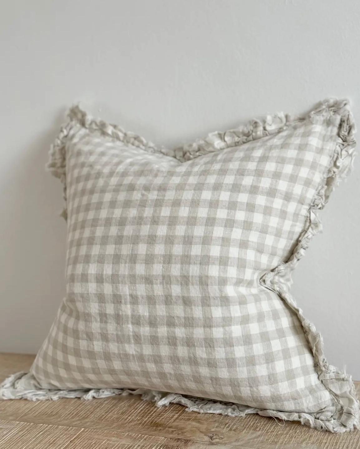 Hallie beige and white square gingham cotton cushion cover by Ellenvale Trade, soft furnishings with classic pattern and cozy fabric.