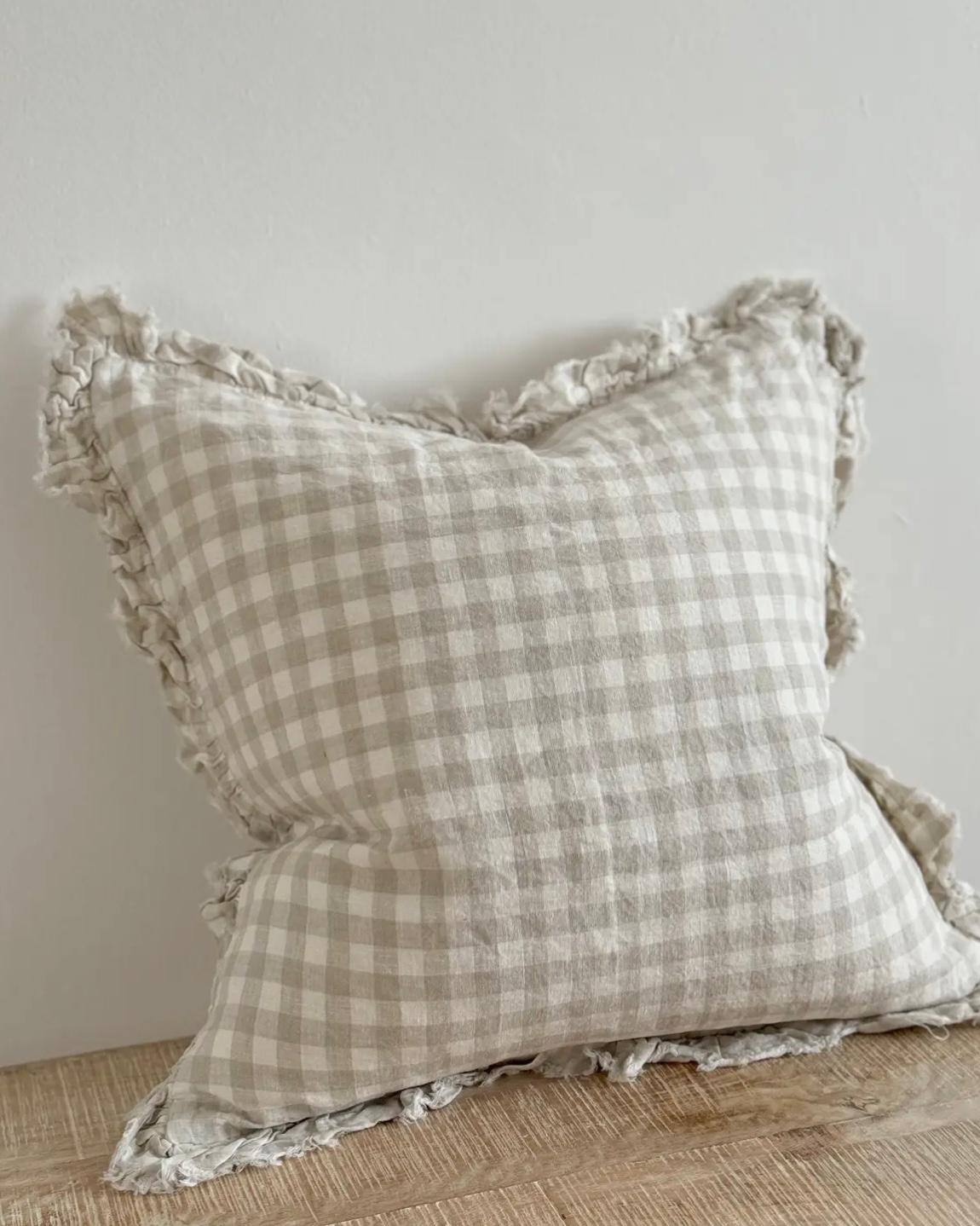 Hallie beige and white square gingham cotton cushion cover, soft furnishings by Ellenvale Trade with a classic check pattern.