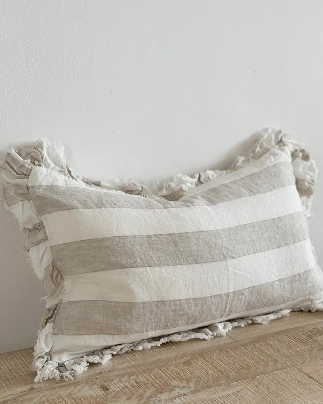 Beige and white wide stripe rectangle cotton blend cushion cover by Ellenvale Trade, soft furnishings for home decor.