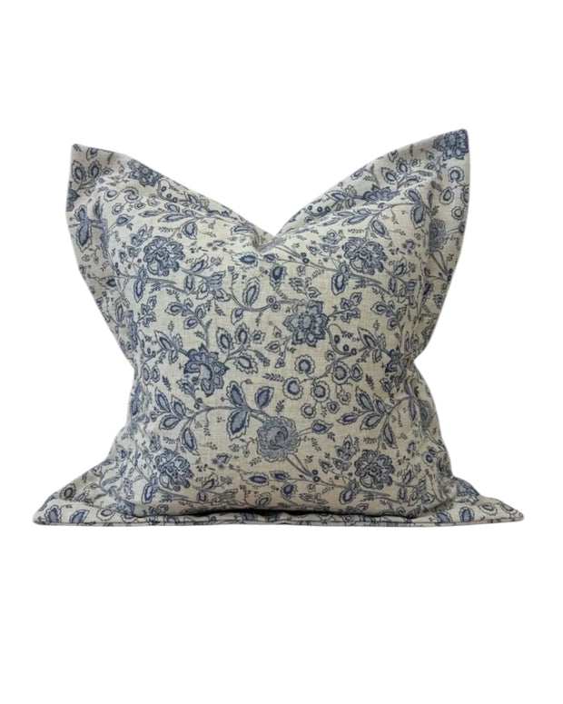Navy blue print luxury cotton cushion cover from Ellenvale Trade, soft furnishings with stylish design and soft fabric texture.
