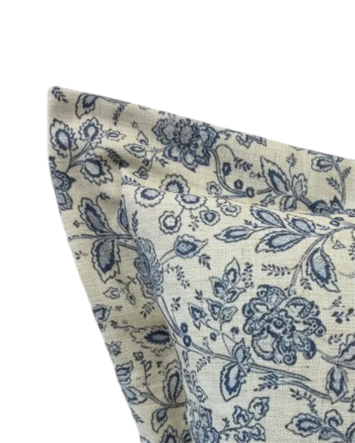 Navy blue cotton cushion cover with elegant print, part of Ellenvale Trade's luxury soft furnishings collection.