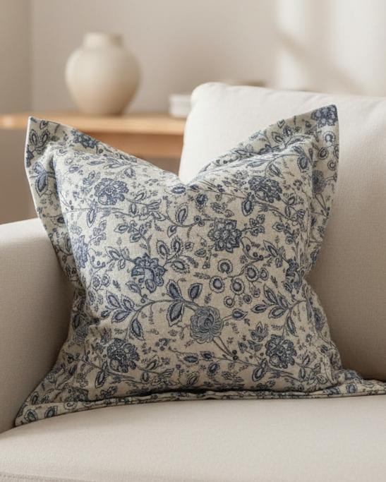 Navy blue cotton cushion cover with elegant print, soft furnishings by Ellenvale Trade, showcasing stylish home decor.