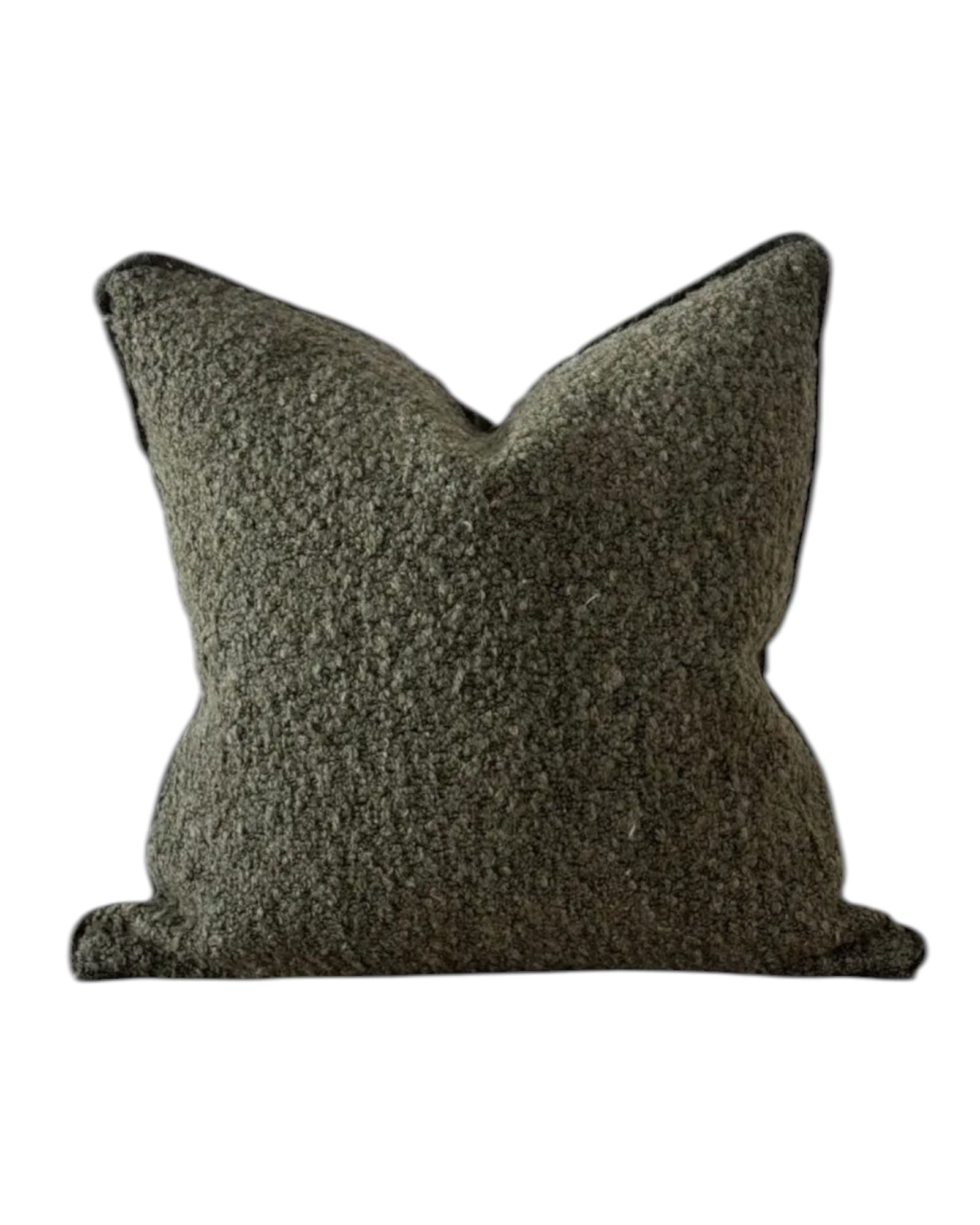 Olive green square Sofia Boucle Cushion Cover by Ellenvale Trade, soft furnishing with textured boucle fabric.