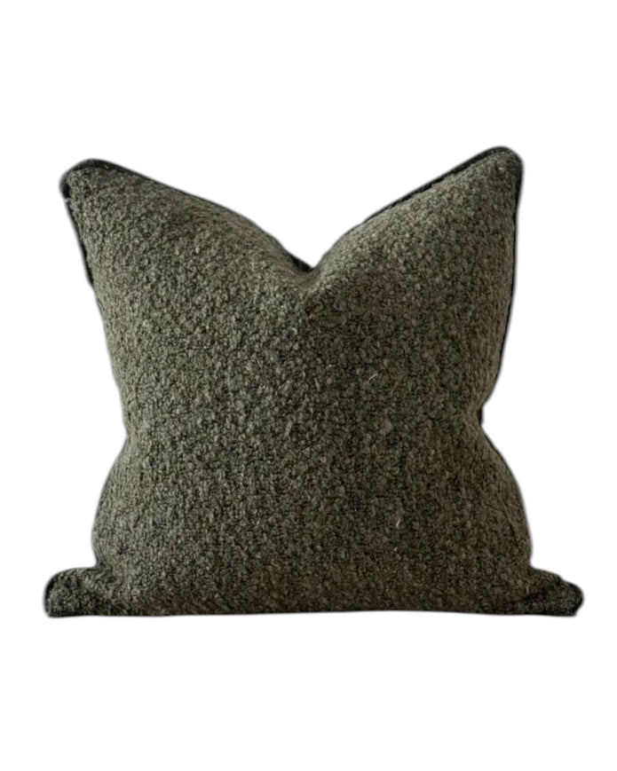 Olive green square Sofia Boucle Cushion Cover by Ellenvale Trade, soft furnishing with textured boucle fabric.