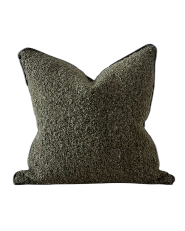 Olive green square Sofia boucle cushion cover by Ellenvale Trade, soft furnishings with textured fabric and modern design.