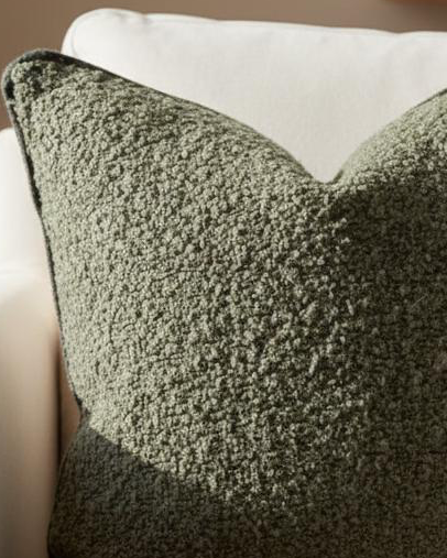 Olive green square Sofia Boucle cushion cover by Ellenvale Trade, soft textured fabric with stylish boucle design.