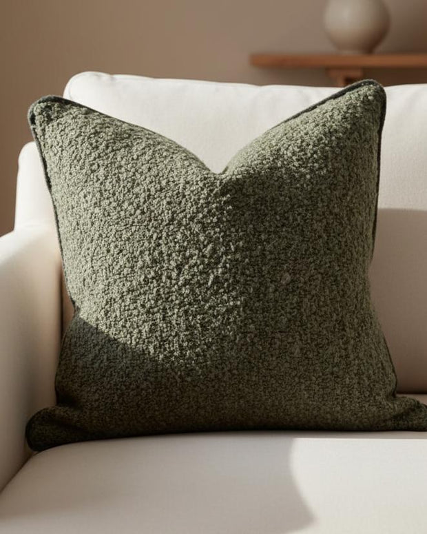 Olive green square Sofia Boucle cushion cover from Ellenvale Trade, soft textured fabric for decorative home decor.