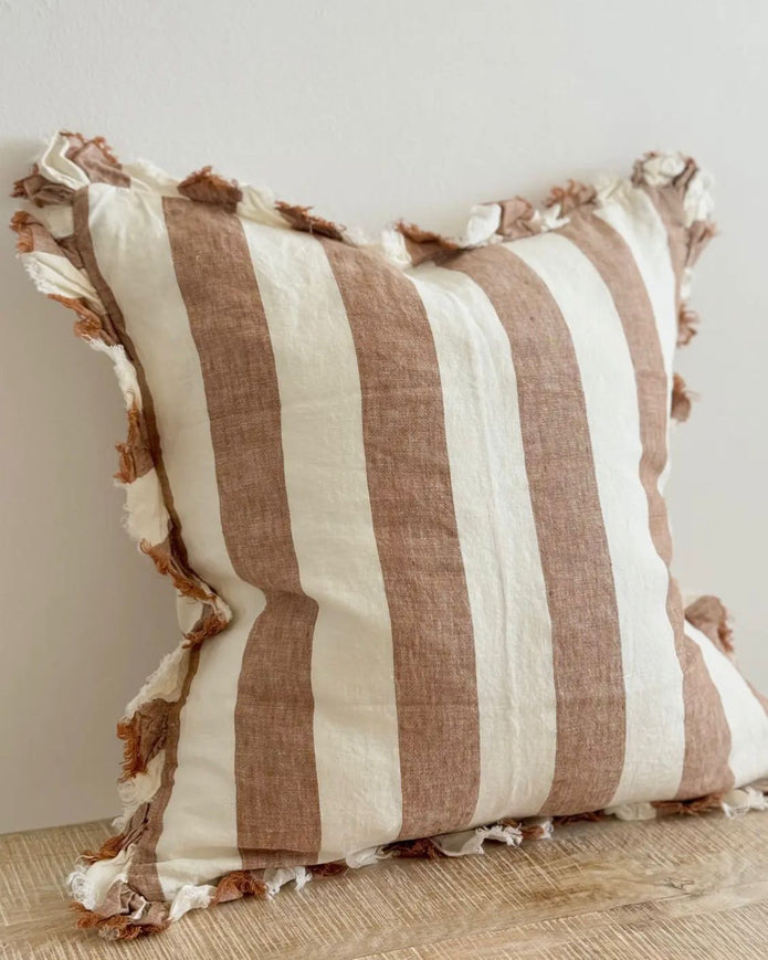 Rust brown and white wide stripe cotton cushion cover by Ellenvale Trade, showcasing soft furnishings with a stylish design.