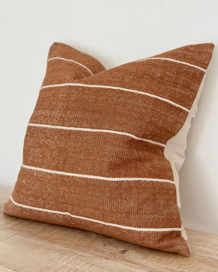 Rust brown and white pinstripe cotton cushion cover from Ellenvale Trade, soft furnishings with stylish pinstripe design.
