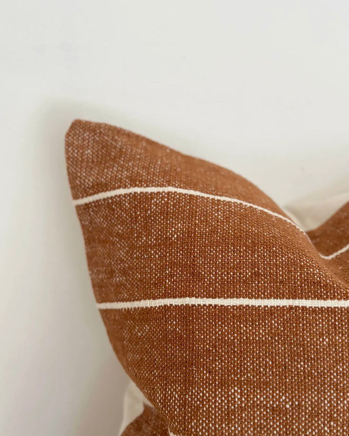 Rust brown and white pinstripe cotton cushion cover by Ellenvale Trade, soft furnishings with a stylish, textured design.