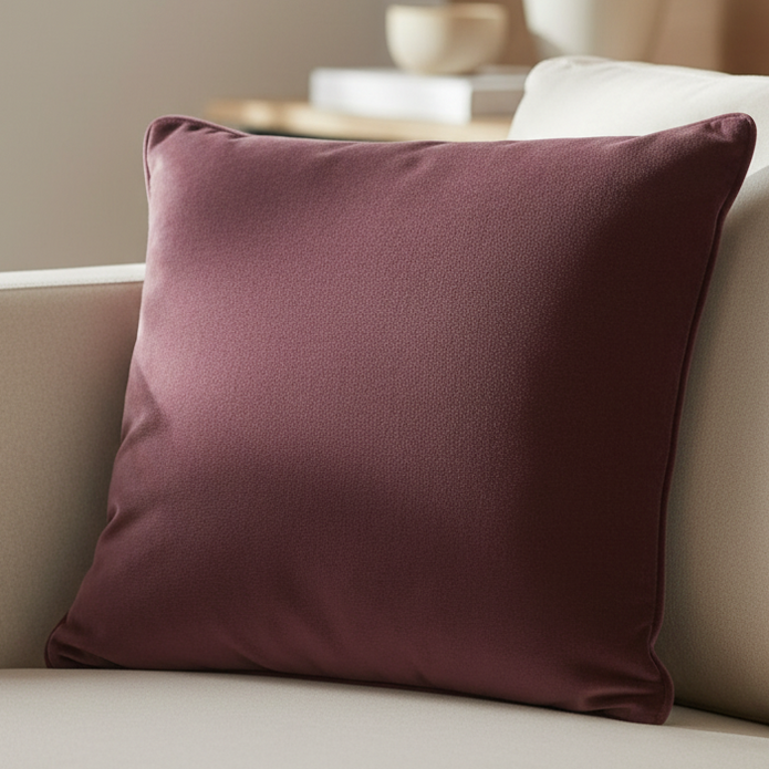 Luxe Velvet Burgundy Cushion Cover, plain burgundy velvet cushion on a cream sofa