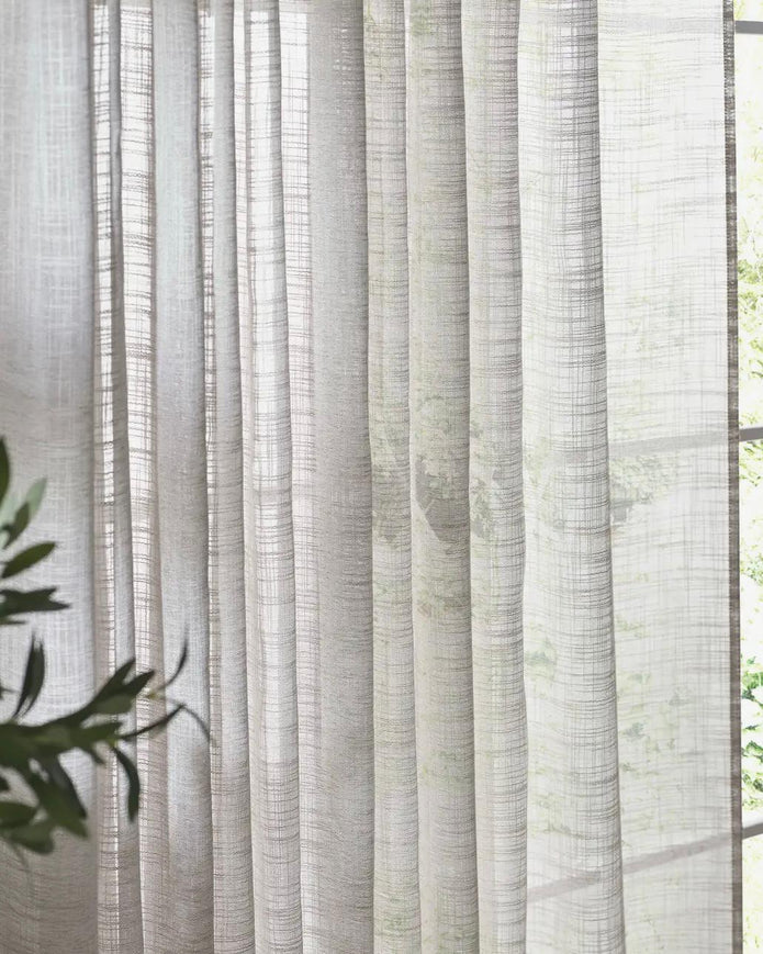 Riva Home Yard Greige woven sheer voile curtain panel with tab top, soft furnishing for elegant window decor.