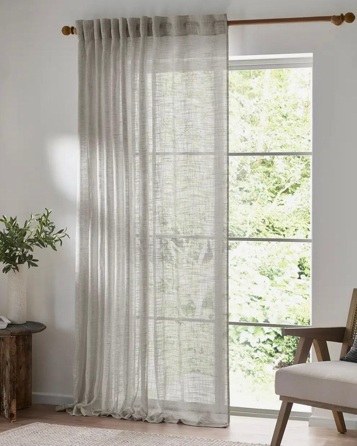 Riva Home Yard Greige woven sheer voile curtain panel with tab top, soft furnishing for window privacy and light filtering.
