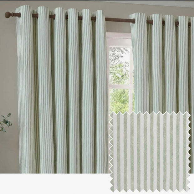 Sage green and black striped blackout eyelet curtains by Riva Home, soft furnishings with elegant design and eyelet top for window decor.
