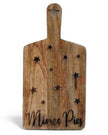 Wooden cutting board with 'Mince Pies' engraving on a white background