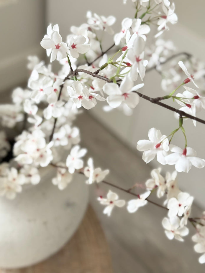 Artificial tall white cherry blossom stem from Starlight Express, showcasing delicate white blossoms on a realistic stem.