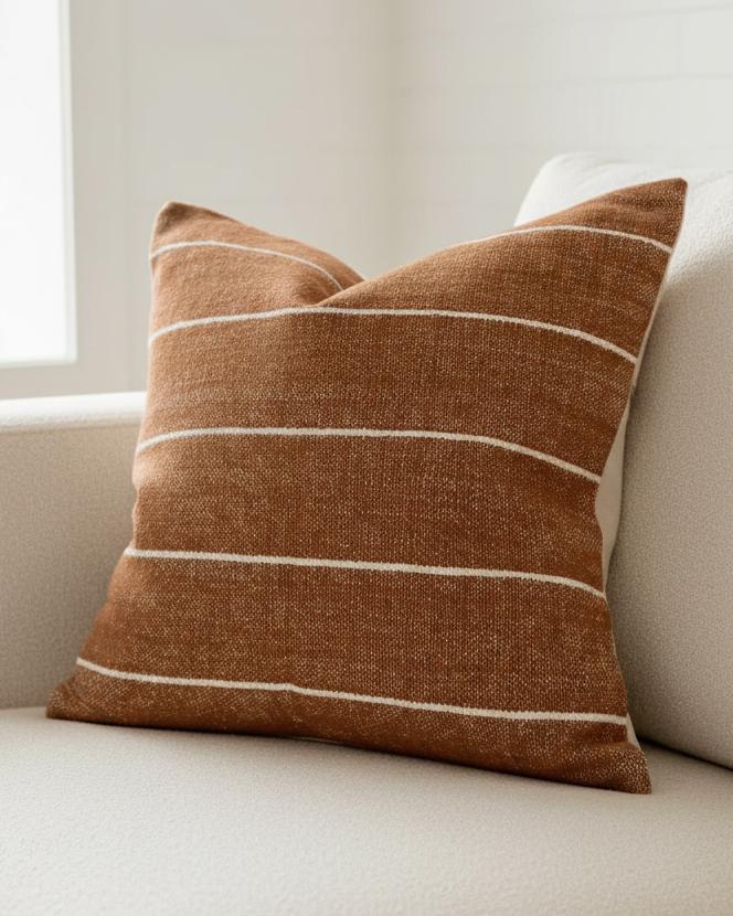 Rust brown and white pinstripe cotton cushion cover from Ellenvale Trade, soft furnishings with a stylish pinstripe pattern.