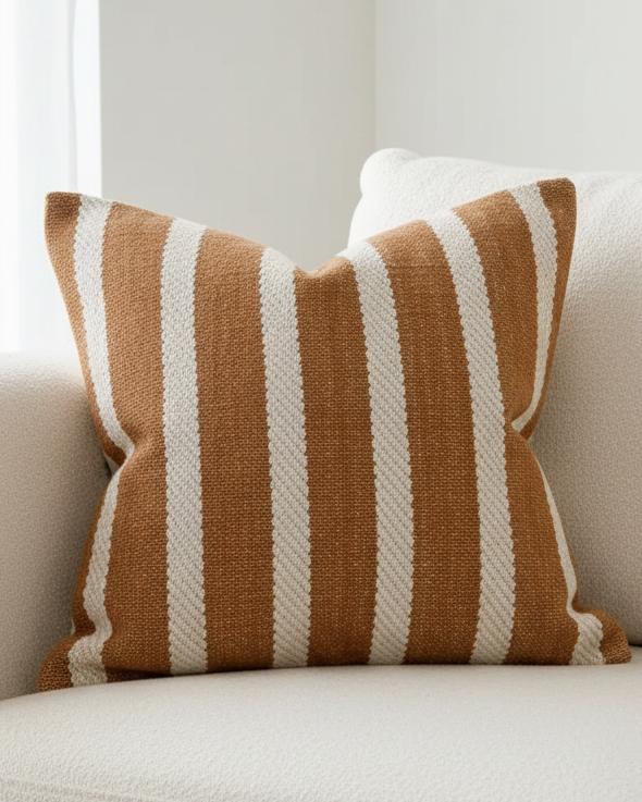 Rust brown and white wide stripe cotton cushion cover by Ellenvale Trade, featuring soft furnishings design with bold stripe pattern.