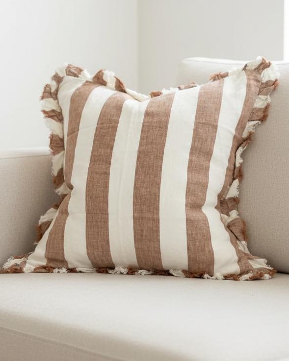Rust brown and white wide stripe cotton cushion cover from Ellenvale Trade, showcasing soft furnishings with a stylish design.