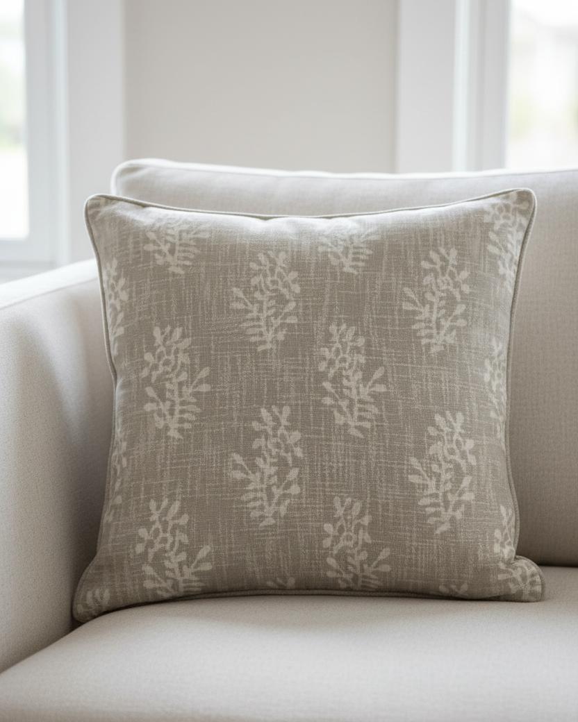 Beige block flower cushion cover by Malini, soft furnishings with a floral pattern, shown on a decorative cushion.