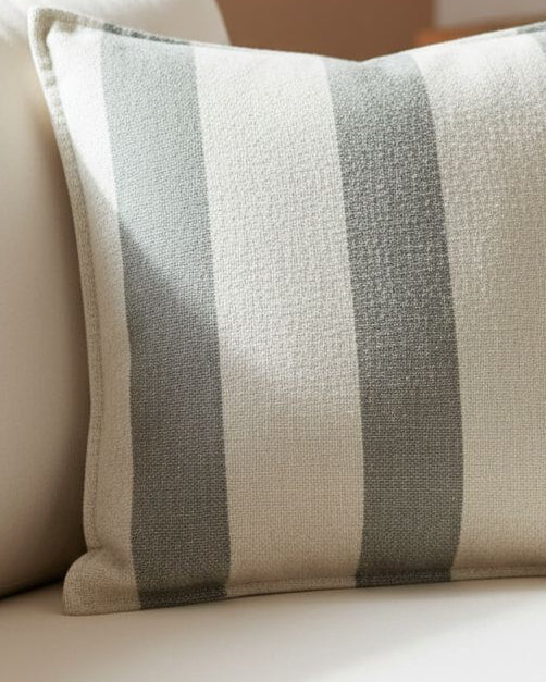 Olive green linen stripe cushion cover by Malini, soft furnishings with textured fabric and stylish design.