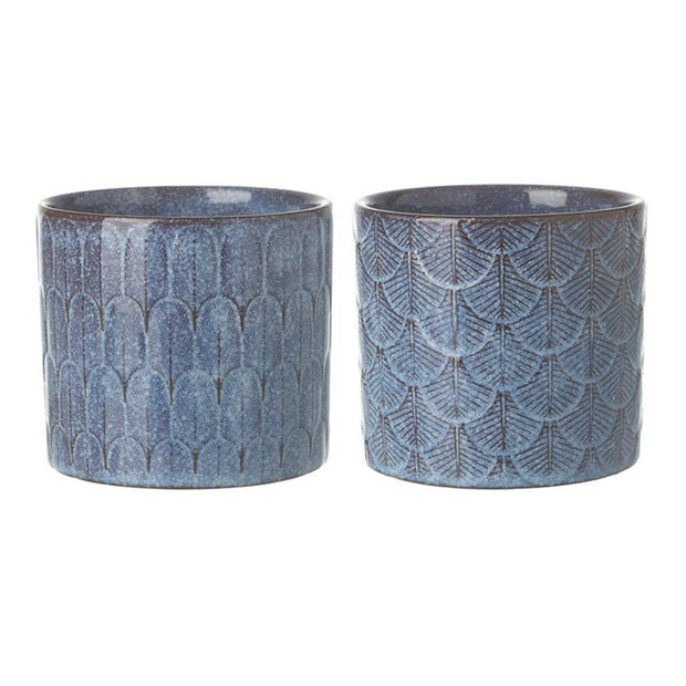 Blue patterned feather print ceramic planter pot for home décor by Heaven Sends, small size with intricate design.