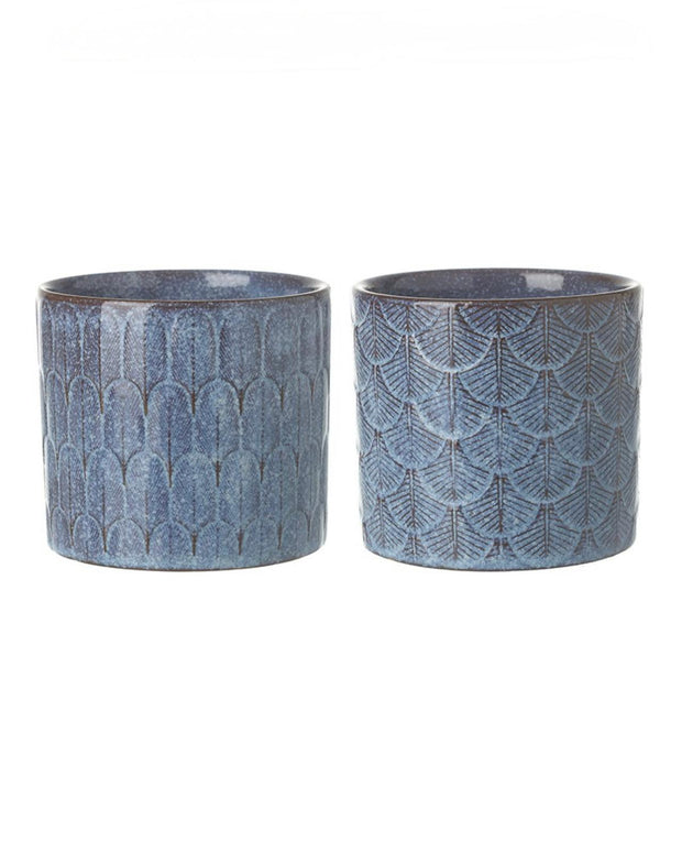 Blue patterned feather print ceramic planter pot for home décor by Heaven Sends, small size with intricate design.