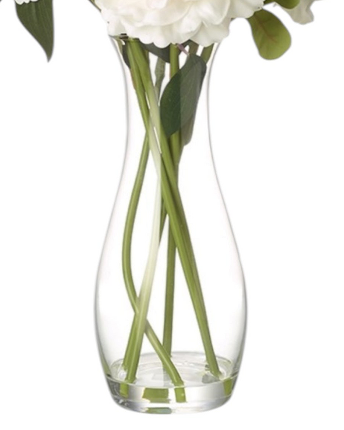 Artificial tall white peony arrangement in a glass vase, featuring lush peony blooms and greenery, by Heaven Sends.