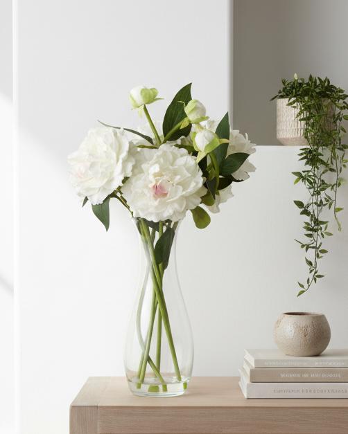 Tall white peony artificial plant arrangement in a clear glass vase, decorative floral display by Heaven Sends.