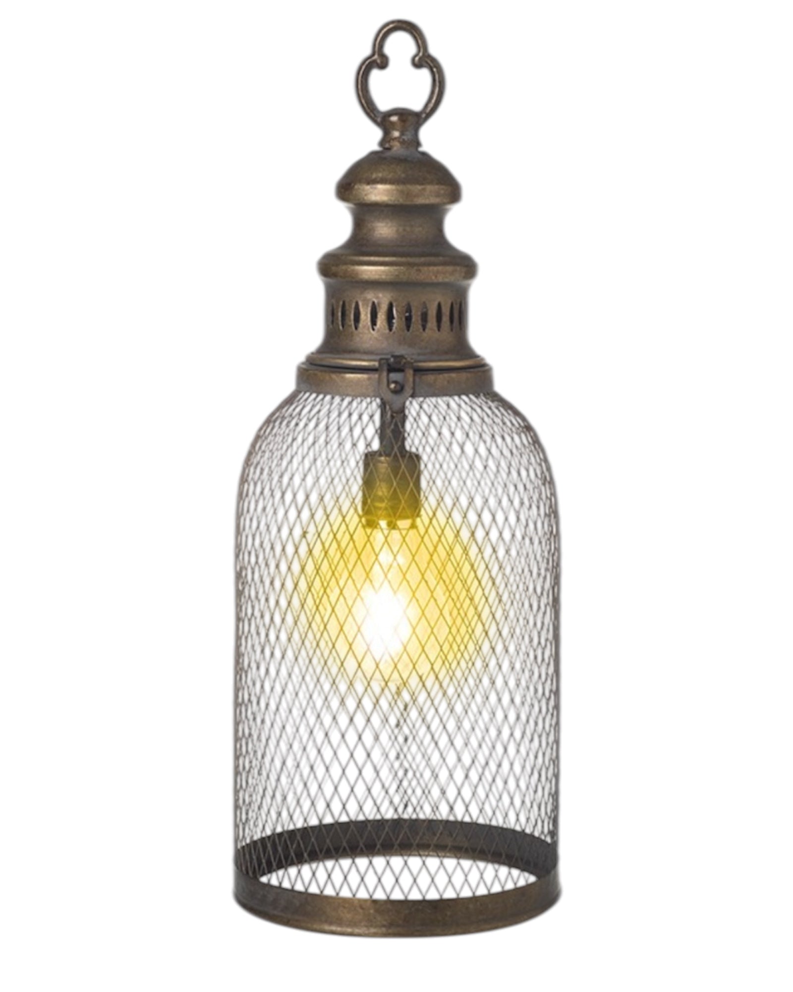 LED Light Up Metal Mesh Lantern by Heaven Sends, showcasing a decorative outdoor lighting fixture with a glowing LED inside.