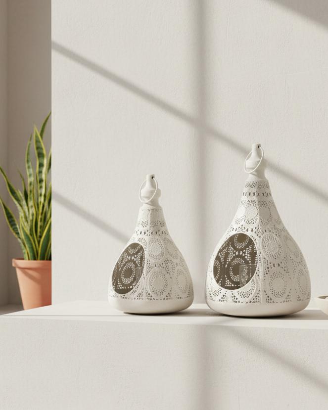 White Moroccan-style tealight lantern from Heaven Sends, featuring intricate cut-out patterns and a candle inside for ambient lighting.