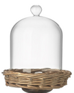 Small glass cloche with metal and wicker base, decorative home décor piece by Heaven Sends.