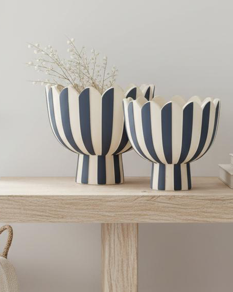 Navy blue and white striped footed bowl for home décor, featuring a ceramic design by Heaven Sends.
